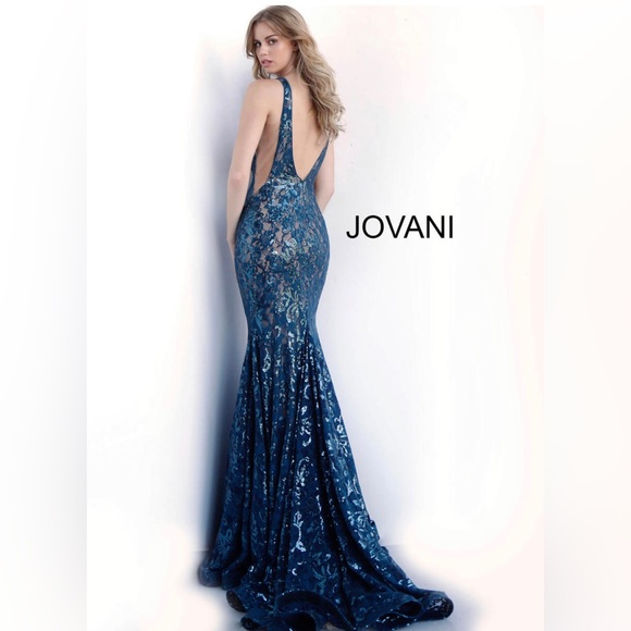 ISO jovani style 63437 in navy or black!! lace mermaid gown with plunge neckline - Picture 2 of 2